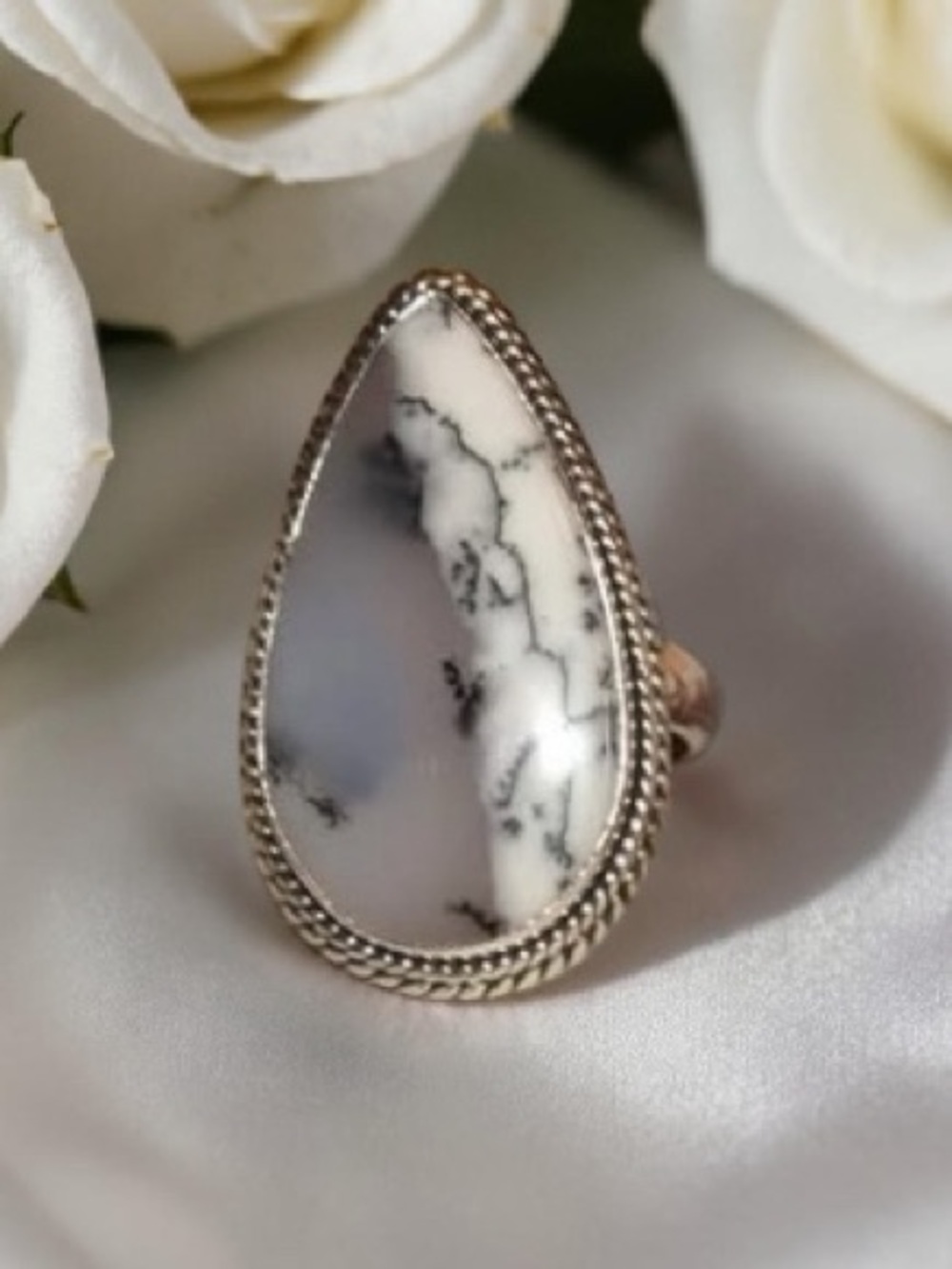 Gorgeous Sterling Silver Pear Dendrite Opal Ring
